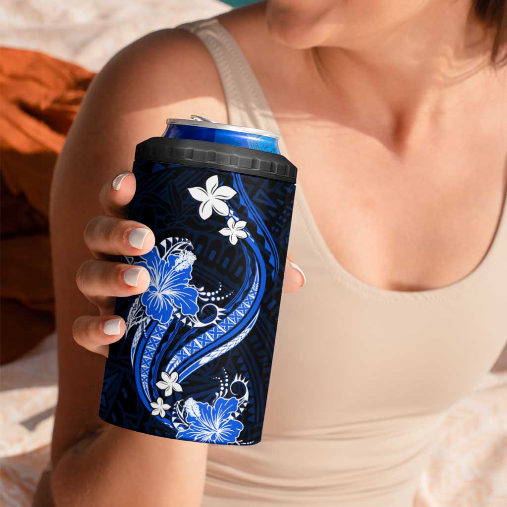 Blue Polynesian Pattern With Tropical Flowers 4 in 1 Can Cooler Tumbler LT05 - Polynesian Pride