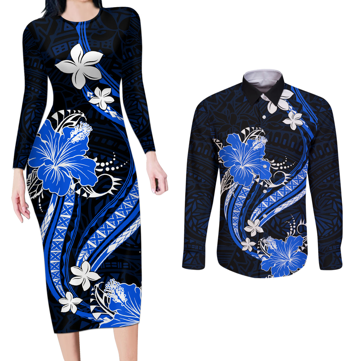 Blue Polynesian Pattern With Tropical Flowers Couples Matching Long Sleeve Bodycon Dress and Long Sleeve Button Shirt LT05 Blue - Polynesian Pride
