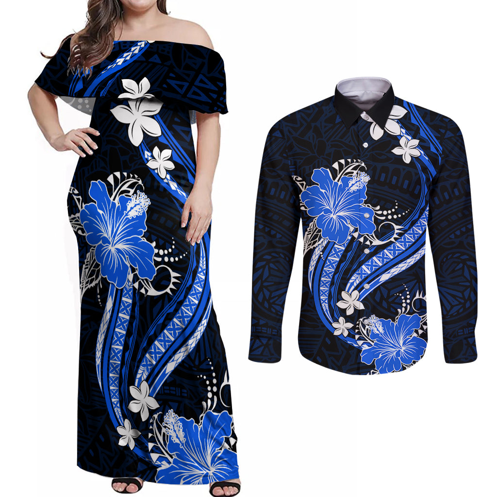 Blue Polynesian Pattern With Tropical Flowers Couples Matching Off Shoulder Maxi Dress and Long Sleeve Button Shirt LT05 Blue - Polynesian Pride