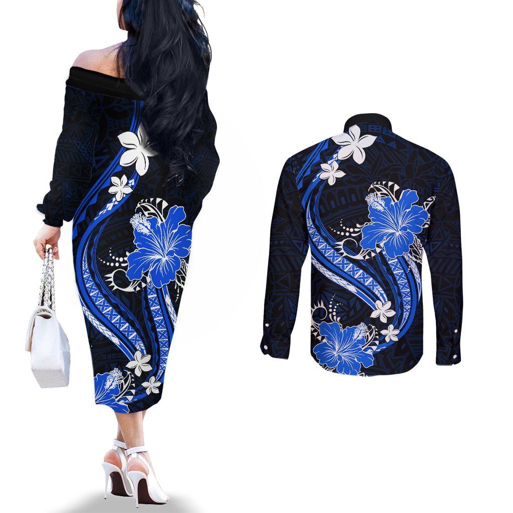 Blue Polynesian Pattern With Tropical Flowers Couples Matching Off The Shoulder Long Sleeve Dress and Long Sleeve Button Shirt LT05 - Polynesian Pride