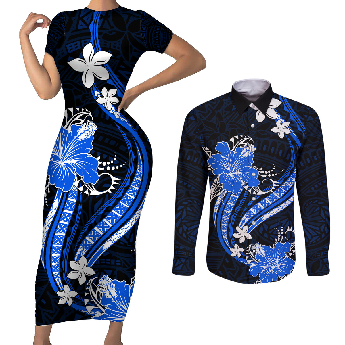 Blue Polynesian Pattern With Tropical Flowers Couples Matching Short Sleeve Bodycon Dress and Long Sleeve Button Shirt LT05 Blue - Polynesian Pride