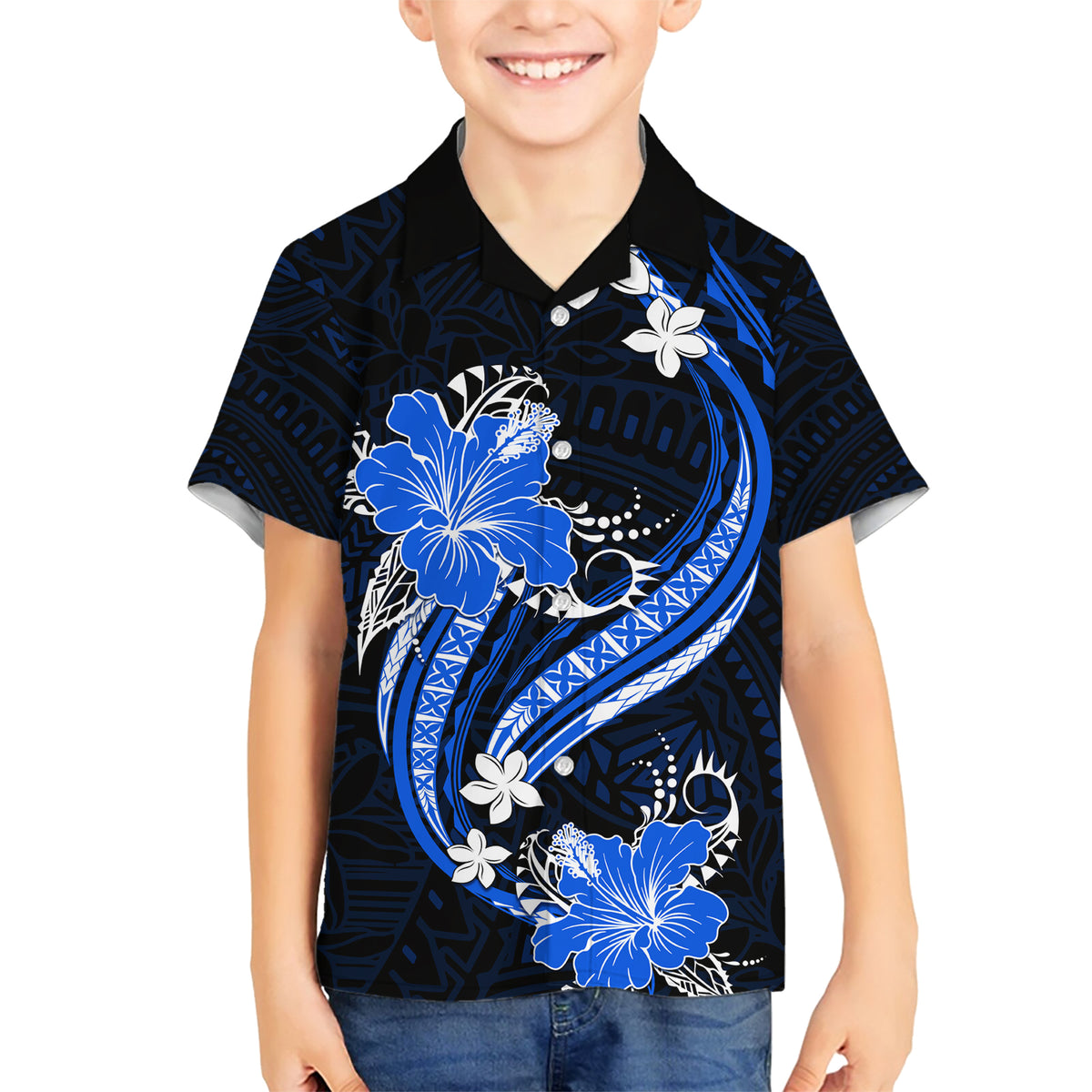 Blue Polynesian Pattern With Tropical Flowers Family Matching Short Sleeve Bodycon Dress and Hawaiian Shirt LT05 Son's Shirt Blue - Polynesian Pride