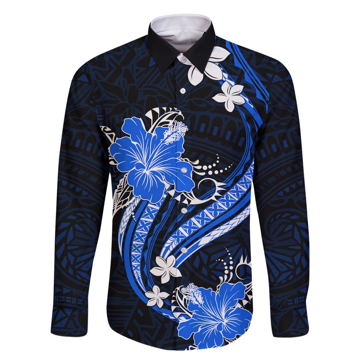 Blue Polynesian Pattern With Tropical Flowers Family Matching Summer Maxi Dress and Hawaiian Shirt LT05 Dad's Shirt - Long Sleeve Blue - Polynesian Pride