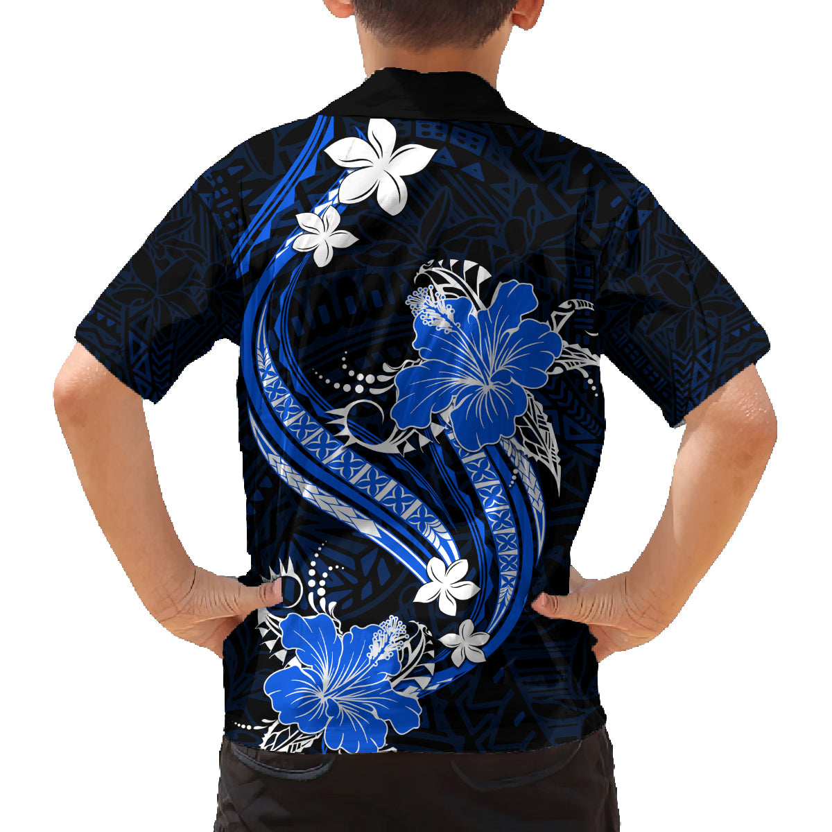 Blue Polynesian Pattern With Tropical Flowers Family Matching Tank Maxi Dress and Hawaiian Shirt LT05 - Polynesian Pride