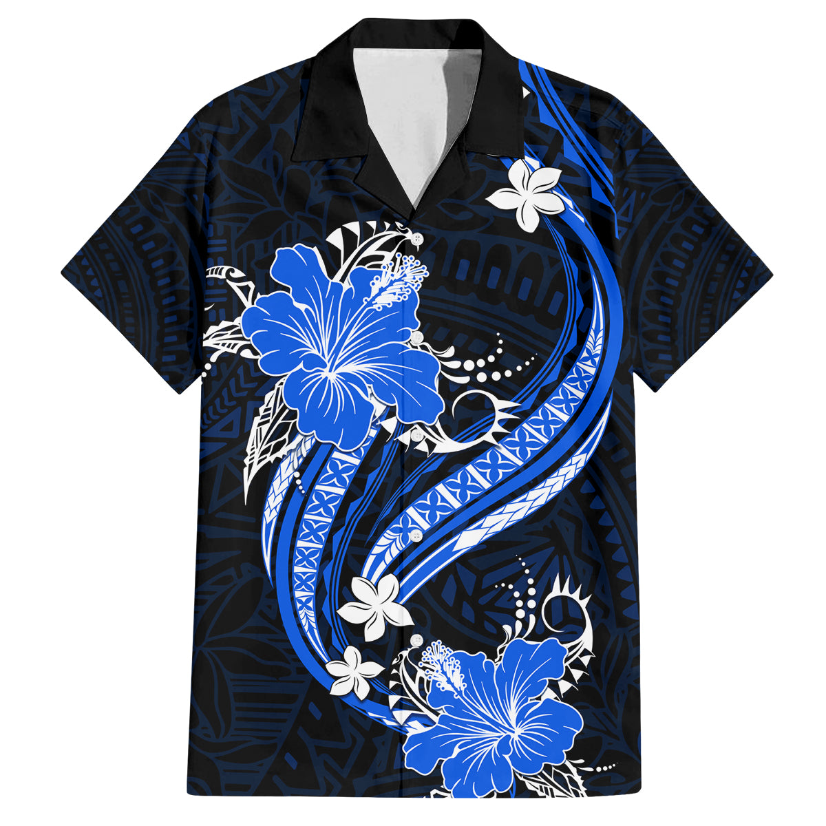 Blue Polynesian Pattern With Tropical Flowers Family Matching Tank Maxi Dress and Hawaiian Shirt LT05 Dad's Shirt - Short Sleeve Blue - Polynesian Pride