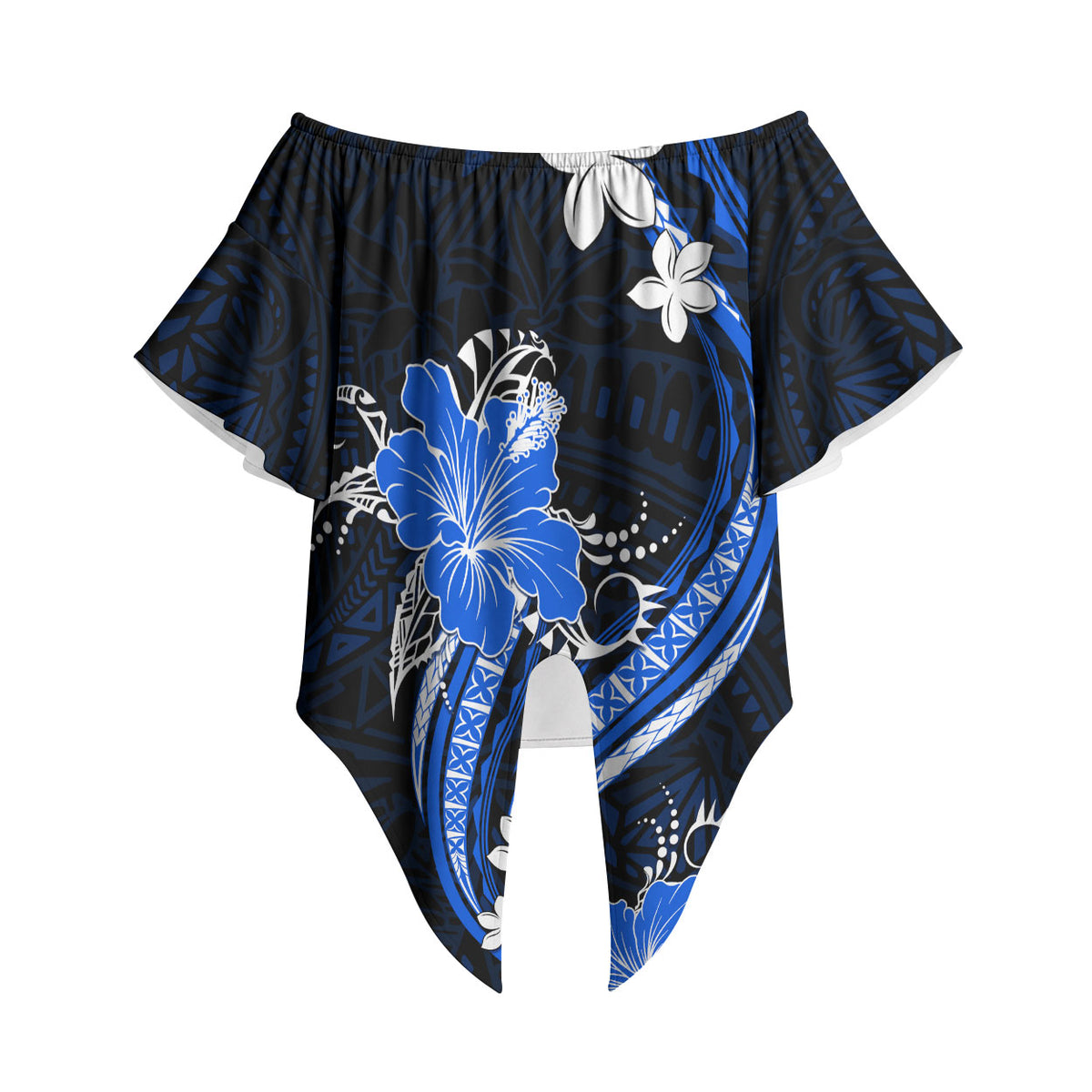 Blue Polynesian Pattern With Tropical Flowers Off Shoulder Wrap Waist Top LT05 Blue - Polynesian Pride