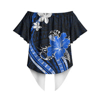 Blue Polynesian Pattern With Tropical Flowers Off Shoulder Wrap Waist Top LT05 - Polynesian Pride