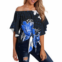 Blue Polynesian Pattern With Tropical Flowers Off Shoulder Wrap Waist Top LT05 - Polynesian Pride