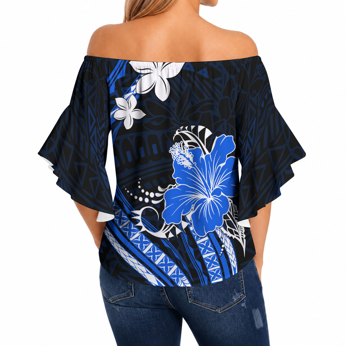 Blue Polynesian Pattern With Tropical Flowers Off Shoulder Wrap Waist Top LT05 - Polynesian Pride