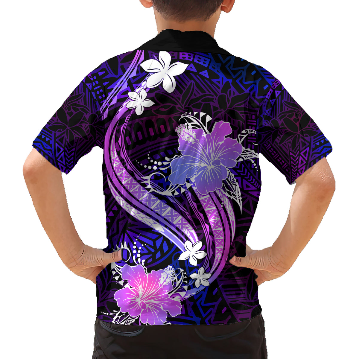 Galaxy Polynesian Pattern With Tropical Flowers Family Matching Short Sleeve Bodycon Dress and Hawaiian Shirt LT05 - Polynesian Pride