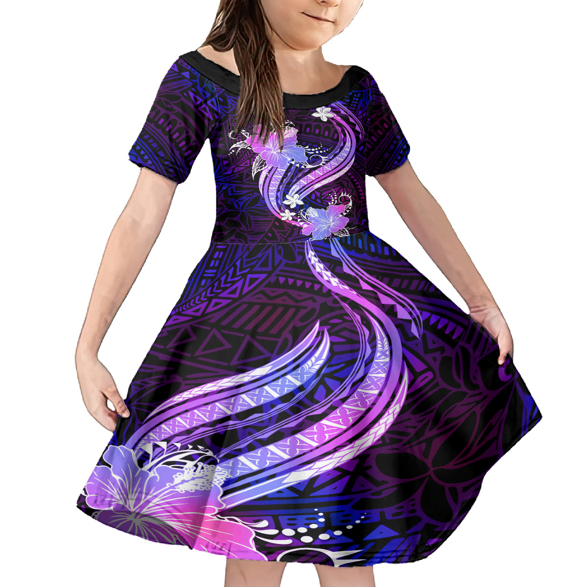 Galaxy Polynesian Pattern With Tropical Flowers Family Matching Summer Maxi Dress and Hawaiian Shirt LT05 Daughter's Dress Galaxy - Polynesian Pride