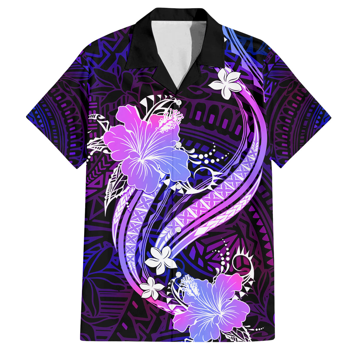 Galaxy Polynesian Pattern With Tropical Flowers Family Matching Summer Maxi Dress and Hawaiian Shirt LT05 Dad's Shirt - Short Sleeve Galaxy - Polynesian Pride