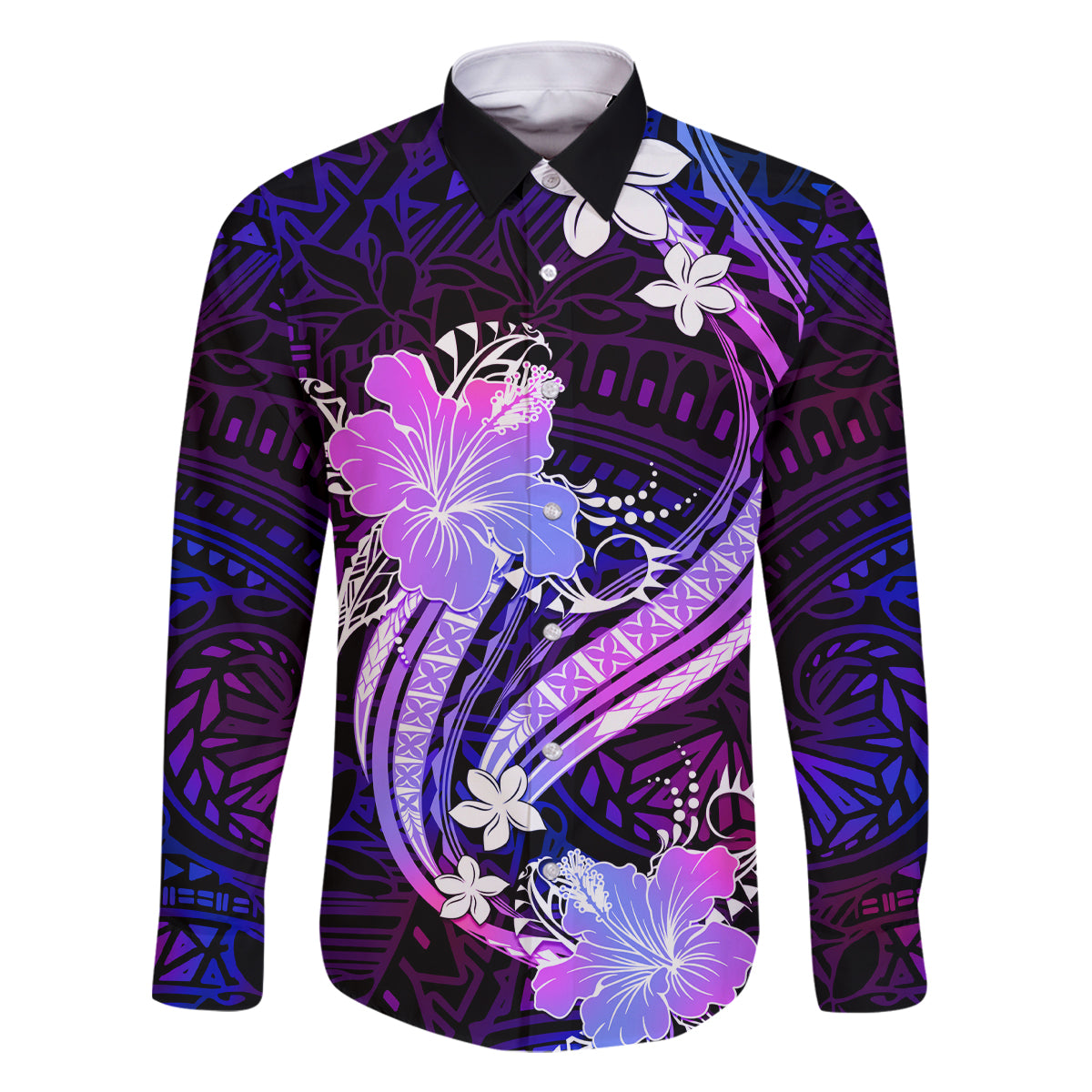 Galaxy Polynesian Pattern With Tropical Flowers Family Matching Tank Maxi Dress and Hawaiian Shirt LT05 Dad's Shirt - Long Sleeve Galaxy - Polynesian Pride