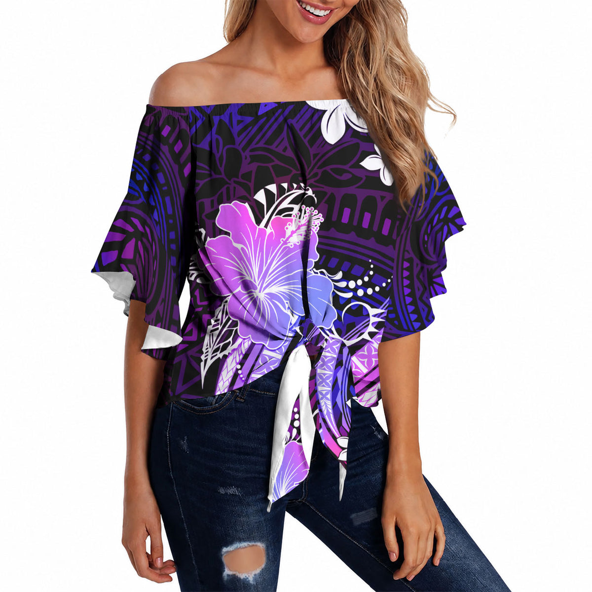 Galaxy Polynesian Pattern With Tropical Flowers Off Shoulder Wrap Waist Top LT05 - Polynesian Pride