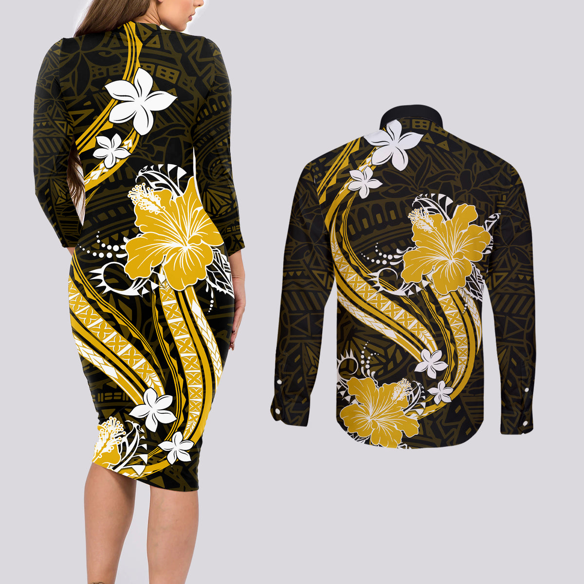 Gold Polynesian Pattern With Tropical Flowers Couples Matching Long Sleeve Bodycon Dress and Long Sleeve Button Shirt LT05 - Polynesian Pride
