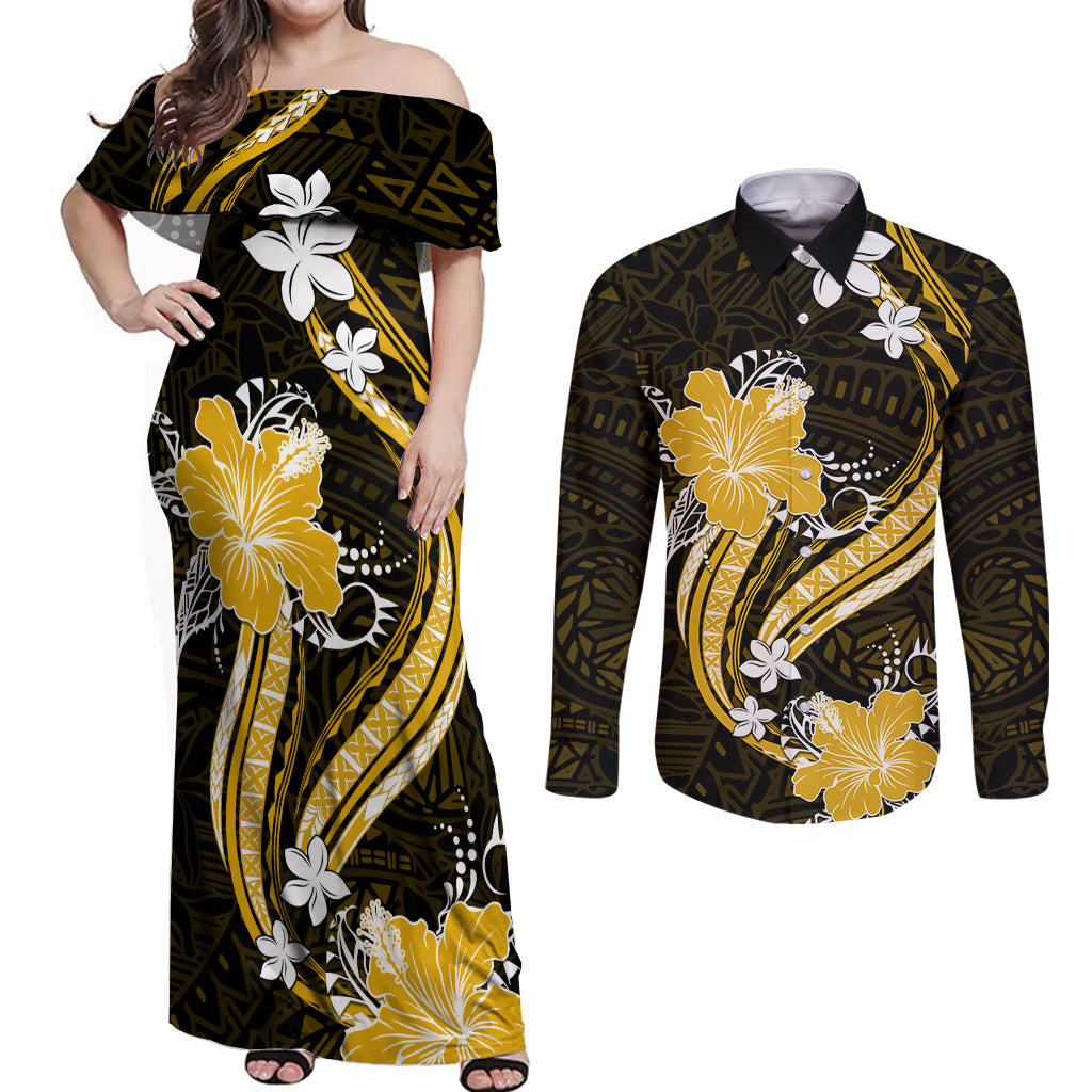 Gold Polynesian Pattern With Tropical Flowers Couples Matching Off Shoulder Maxi Dress and Long Sleeve Button Shirt LT05 Gold - Polynesian Pride