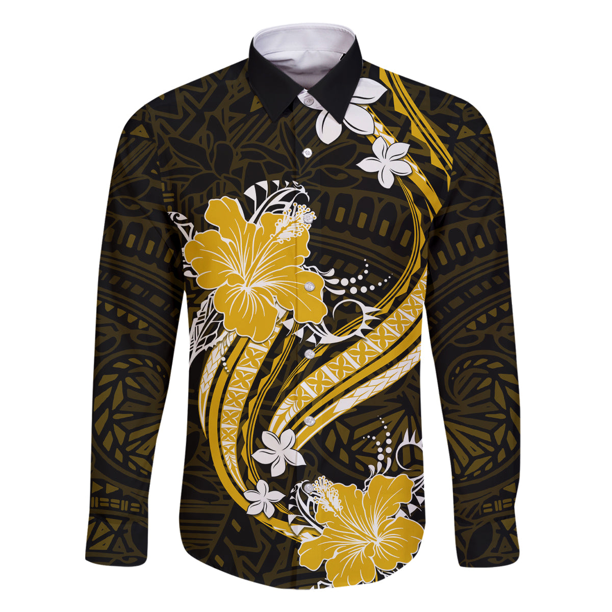 Gold Polynesian Pattern With Tropical Flowers Family Matching Summer Maxi Dress and Hawaiian Shirt LT05 Dad's Shirt - Long Sleeve Gold - Polynesian Pride