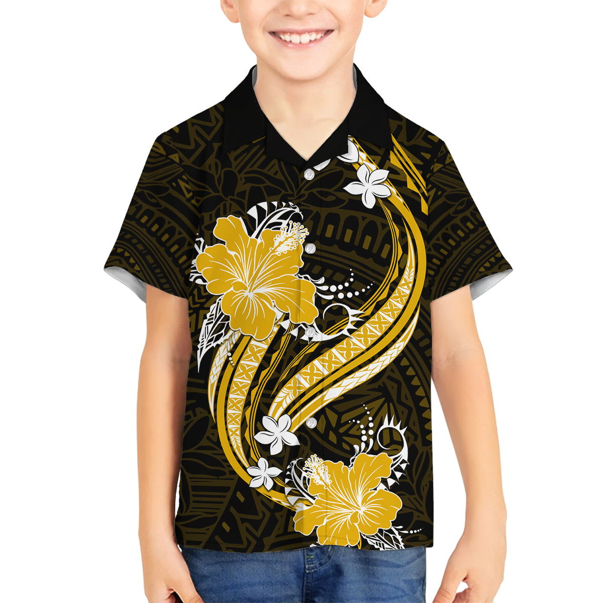 Gold Polynesian Pattern With Tropical Flowers Family Matching Tank Maxi Dress and Hawaiian Shirt LT05 Son's Shirt Gold - Polynesian Pride