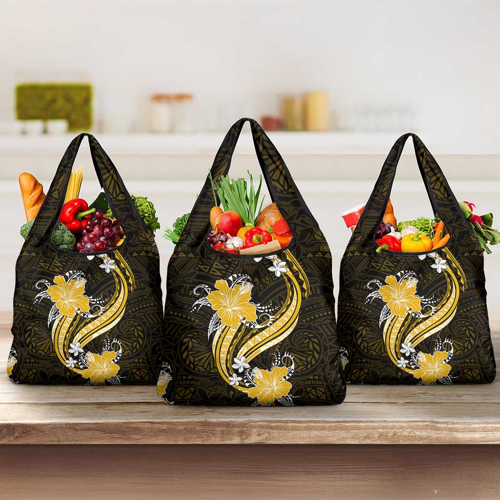 Gold Polynesian Pattern With Tropical Flowers Grocery Bag