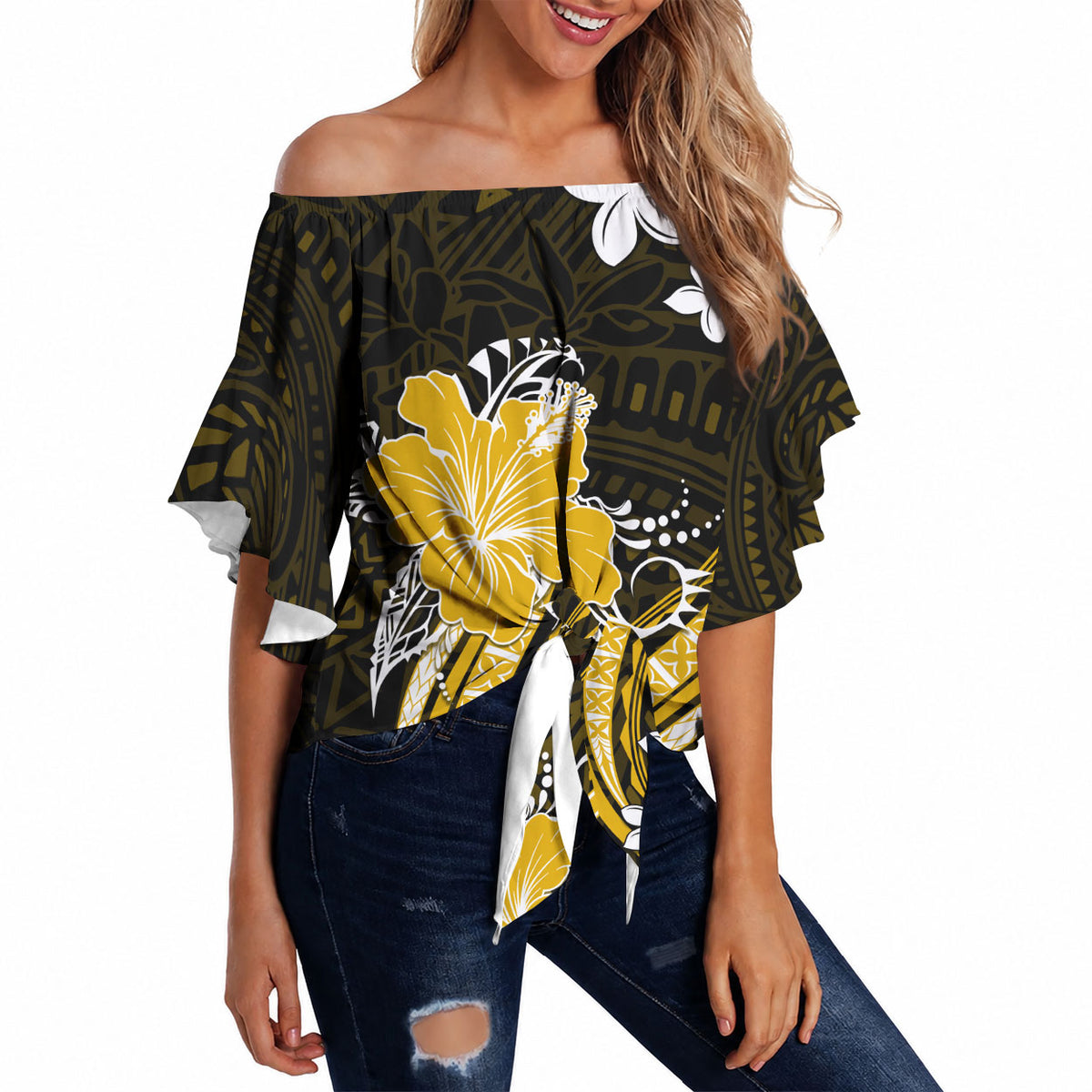 Gold Polynesian Pattern With Tropical Flowers Off Shoulder Wrap Waist Top LT05 - Polynesian Pride
