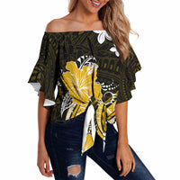 Gold Polynesian Pattern With Tropical Flowers Off Shoulder Wrap Waist Top LT05 - Polynesian Pride