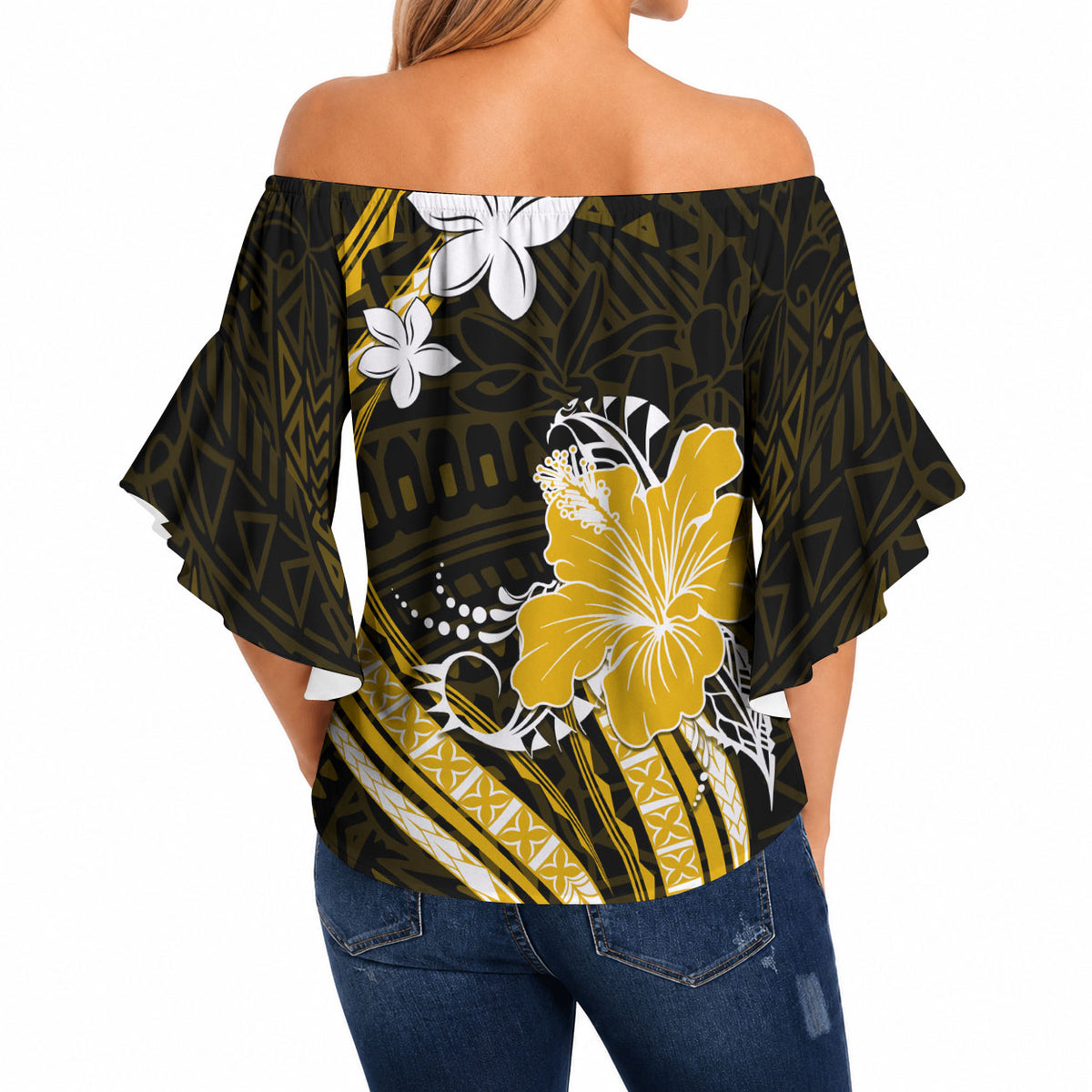 Gold Polynesian Pattern With Tropical Flowers Off Shoulder Wrap Waist Top LT05 - Polynesian Pride