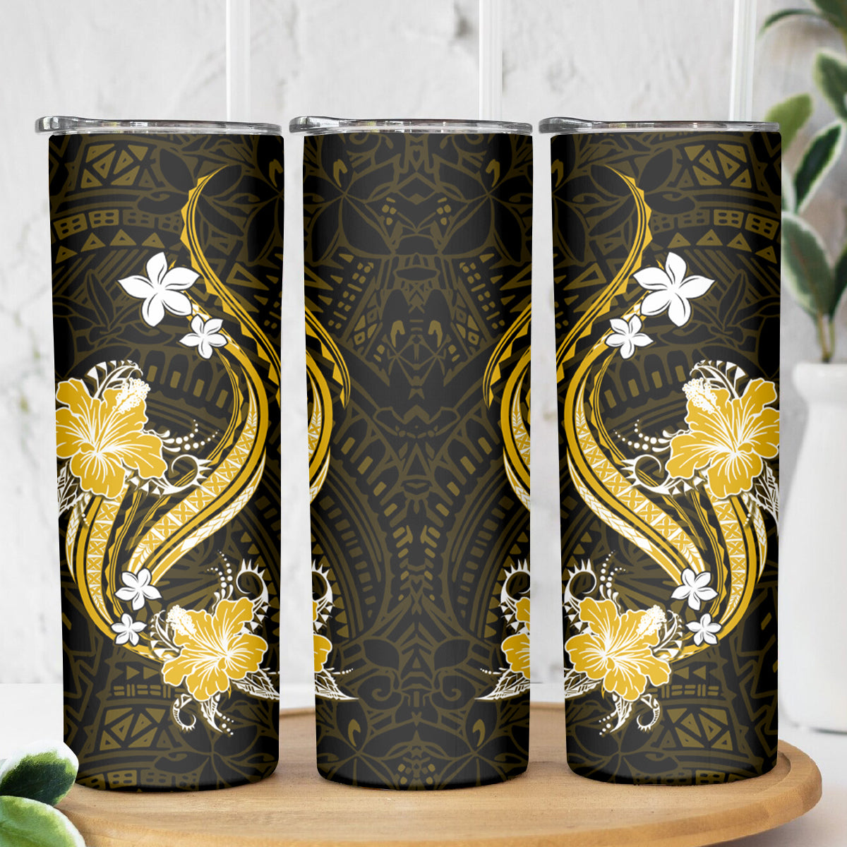Gold Polynesian Pattern With Tropical Flowers Skinny Tumbler LT05 - Polynesian Pride
