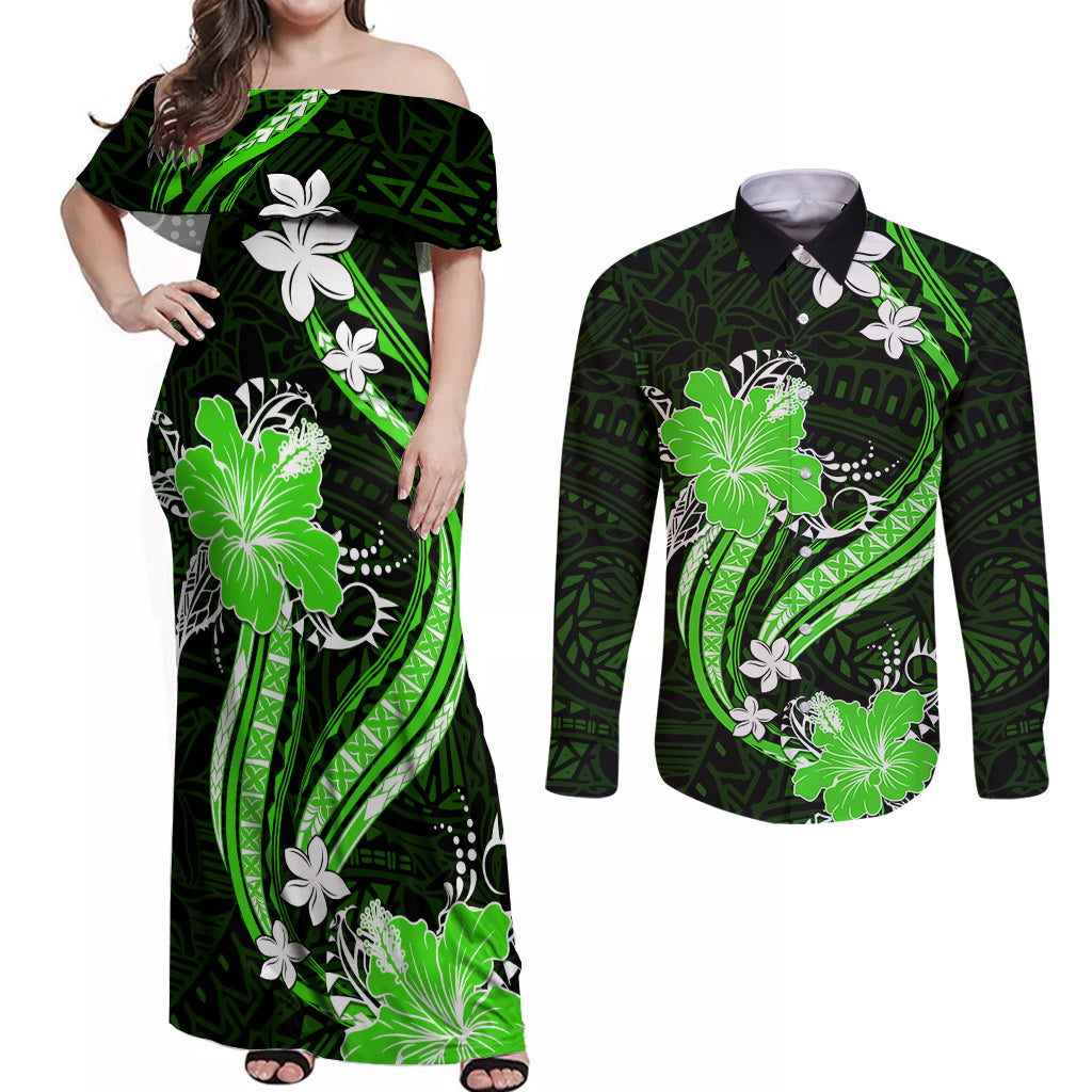 Green Polynesian Pattern With Tropical Flowers Couples Matching Off Shoulder Maxi Dress and Long Sleeve Button Shirt LT05 Green - Polynesian Pride