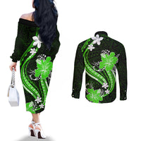 Green Polynesian Pattern With Tropical Flowers Couples Matching Off The Shoulder Long Sleeve Dress and Long Sleeve Button Shirt LT05 - Polynesian Pride