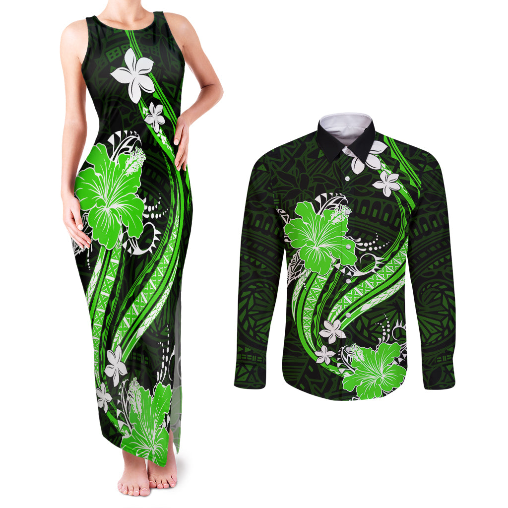 Green Polynesian Pattern With Tropical Flowers Couples Matching Tank Maxi Dress and Long Sleeve Button Shirt LT05 Green - Polynesian Pride