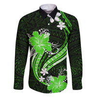 Green Polynesian Pattern With Tropical Flowers Family Matching Off Shoulder Long Sleeve Dress and Hawaiian Shirt LT05 Dad's Shirt - Long Sleeve Green - Polynesian Pride