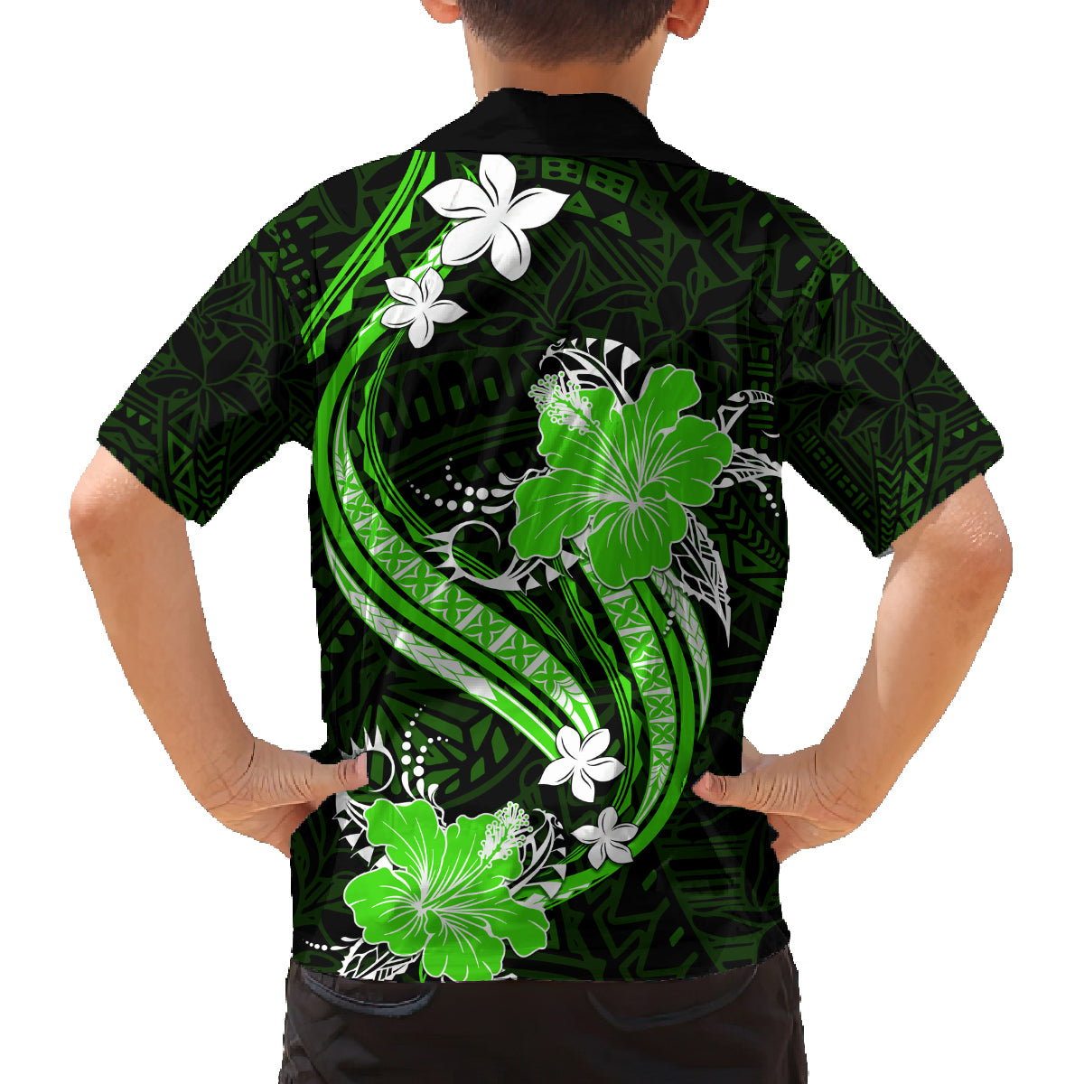 Green Polynesian Pattern With Tropical Flowers Family Matching Off Shoulder Short Dress and Hawaiian Shirt LT05 - Polynesian Pride