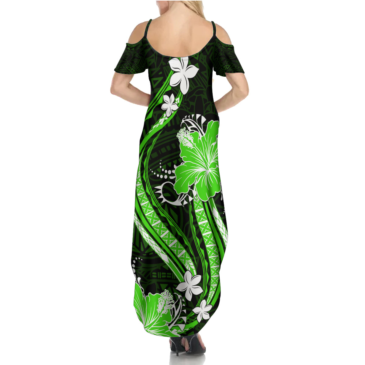 Green Polynesian Pattern With Tropical Flowers Family Matching Summer Maxi Dress and Hawaiian Shirt LT05 - Polynesian Pride