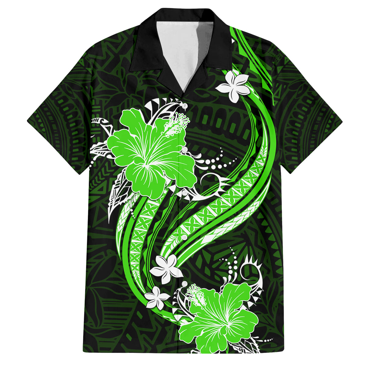 Green Polynesian Pattern With Tropical Flowers Family Matching Tank Maxi Dress and Hawaiian Shirt LT05 Dad's Shirt - Short Sleeve Green - Polynesian Pride