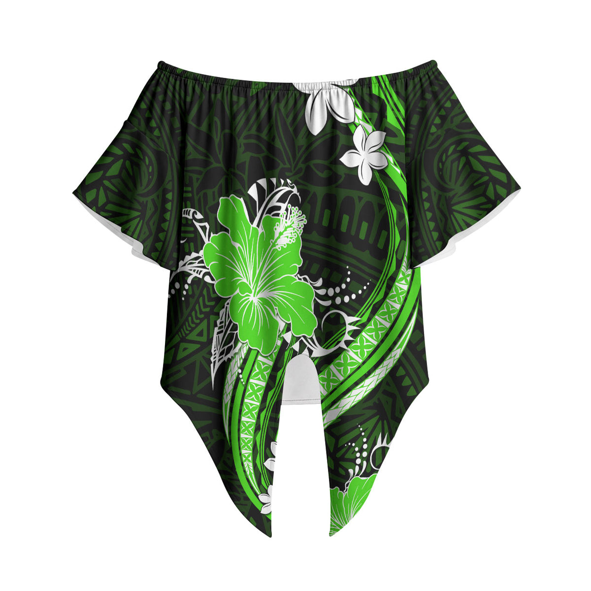 Green Polynesian Pattern With Tropical Flowers Off Shoulder Wrap Waist Top LT05 Green - Polynesian Pride