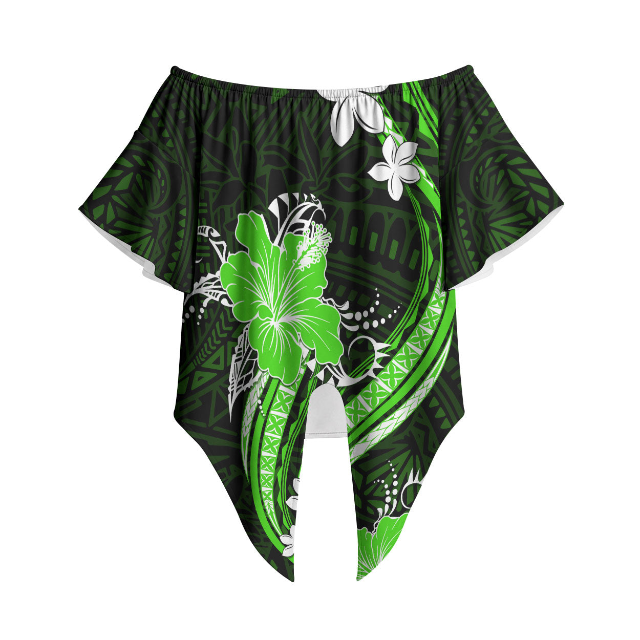 Green Polynesian Pattern With Tropical Flowers Off Shoulder Wrap Waist Top LT05 Green - Polynesian Pride
