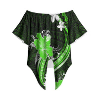 Green Polynesian Pattern With Tropical Flowers Off Shoulder Wrap Waist Top LT05 Green - Polynesian Pride