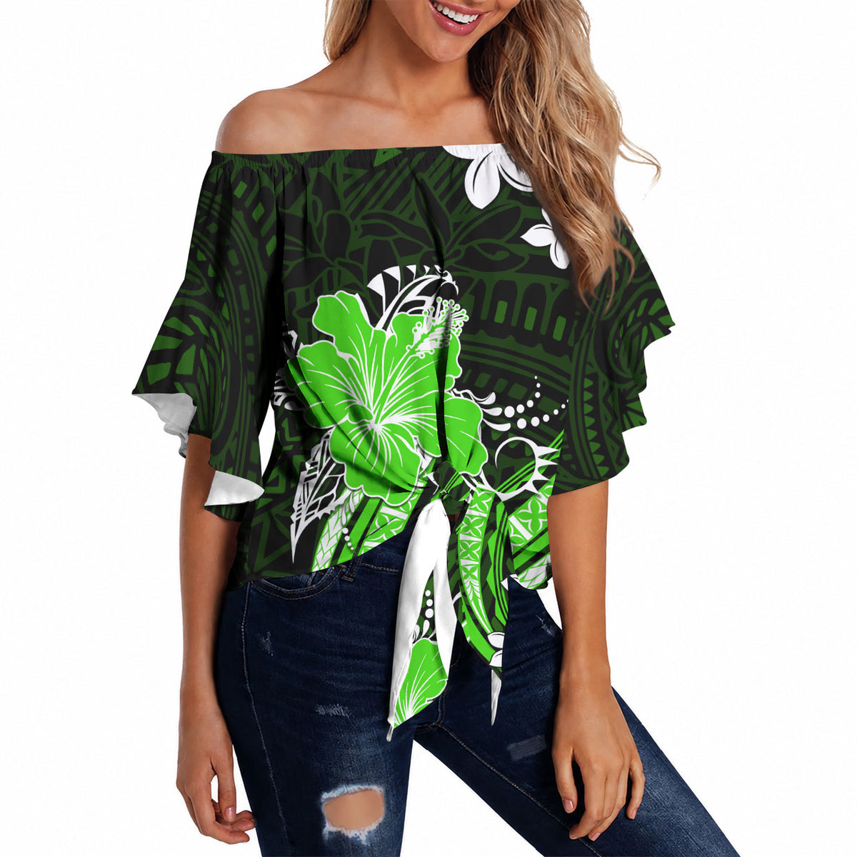 Green Polynesian Pattern With Tropical Flowers Off Shoulder Wrap Waist Top LT05 - Polynesian Pride