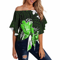 Green Polynesian Pattern With Tropical Flowers Off Shoulder Wrap Waist Top LT05 - Polynesian Pride