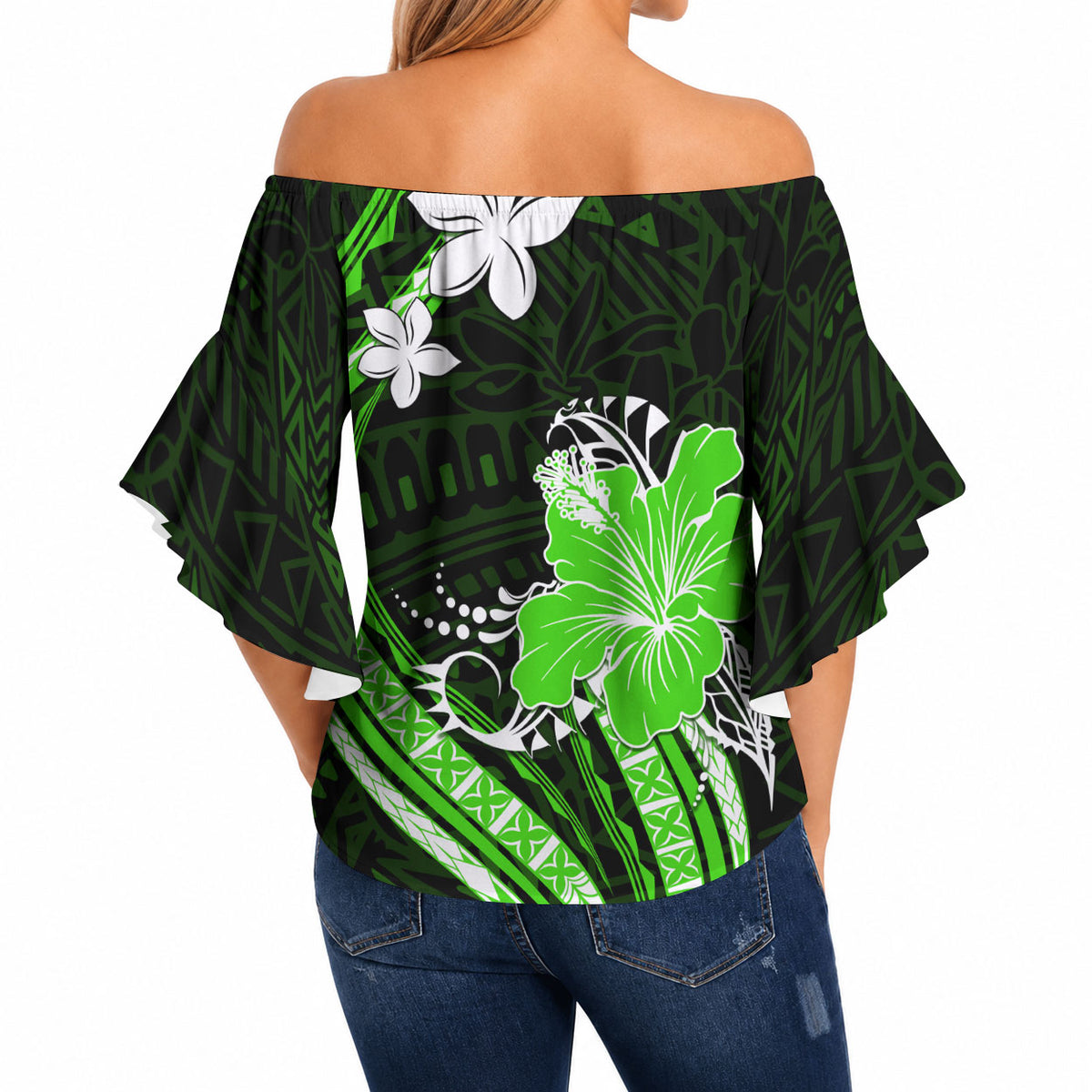 Green Polynesian Pattern With Tropical Flowers Off Shoulder Wrap Waist Top LT05 - Polynesian Pride