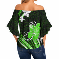 Green Polynesian Pattern With Tropical Flowers Off Shoulder Wrap Waist Top LT05 - Polynesian Pride