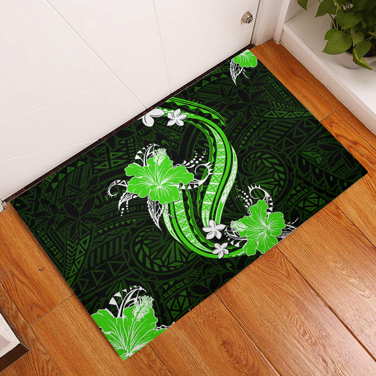 Green Polynesian Pattern With Tropical Flowers Rubber Doormat LT05 Green - Polynesian Pride