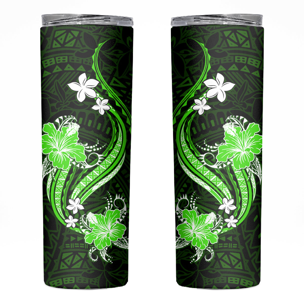 Green Polynesian Pattern With Tropical Flowers Skinny Tumbler LT05 Green - Polynesian Pride