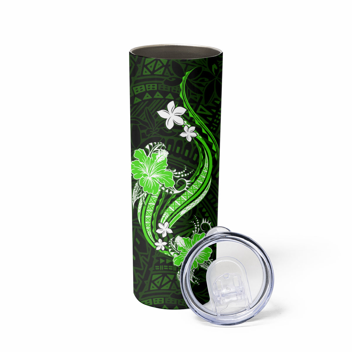 Green Polynesian Pattern With Tropical Flowers Skinny Tumbler LT05 - Polynesian Pride
