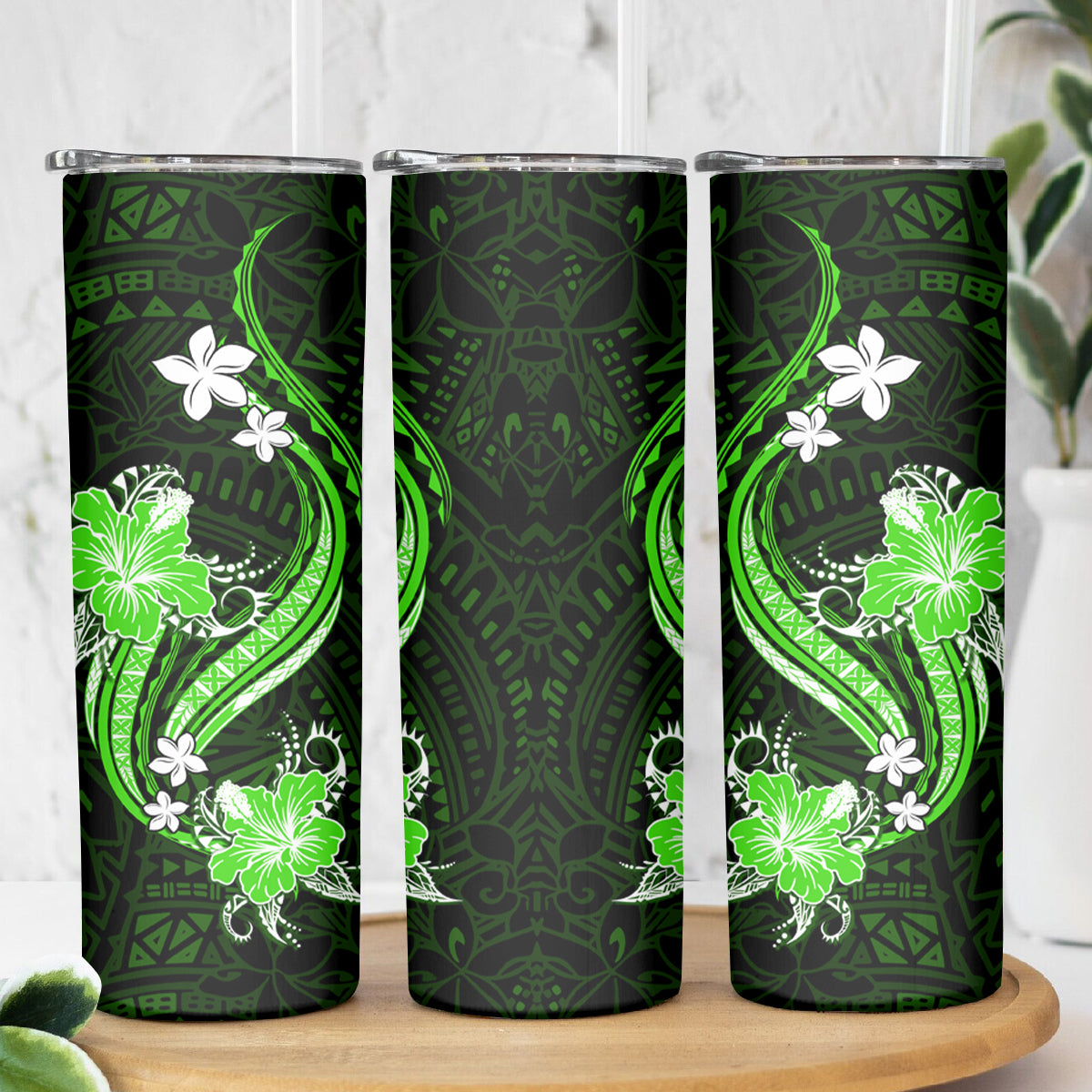 Green Polynesian Pattern With Tropical Flowers Skinny Tumbler LT05 - Polynesian Pride