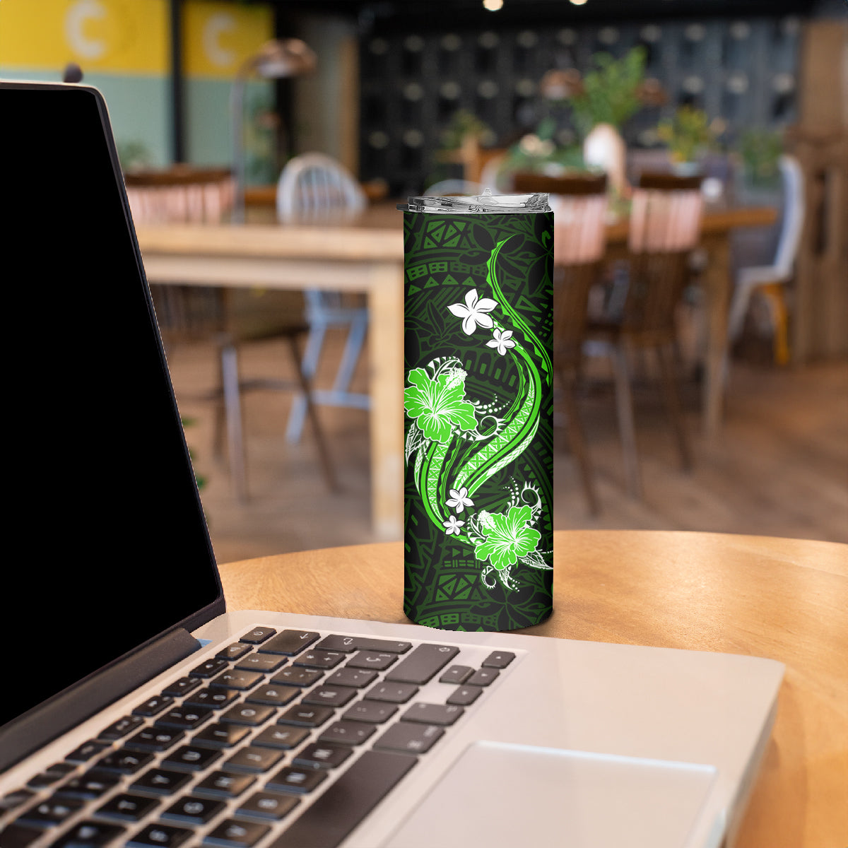 Green Polynesian Pattern With Tropical Flowers Skinny Tumbler LT05 - Polynesian Pride