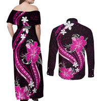 Pink Polynesian Pattern With Tropical Flowers Couples Matching Off Shoulder Maxi Dress and Long Sleeve Button Shirt LT05 - Polynesian Pride