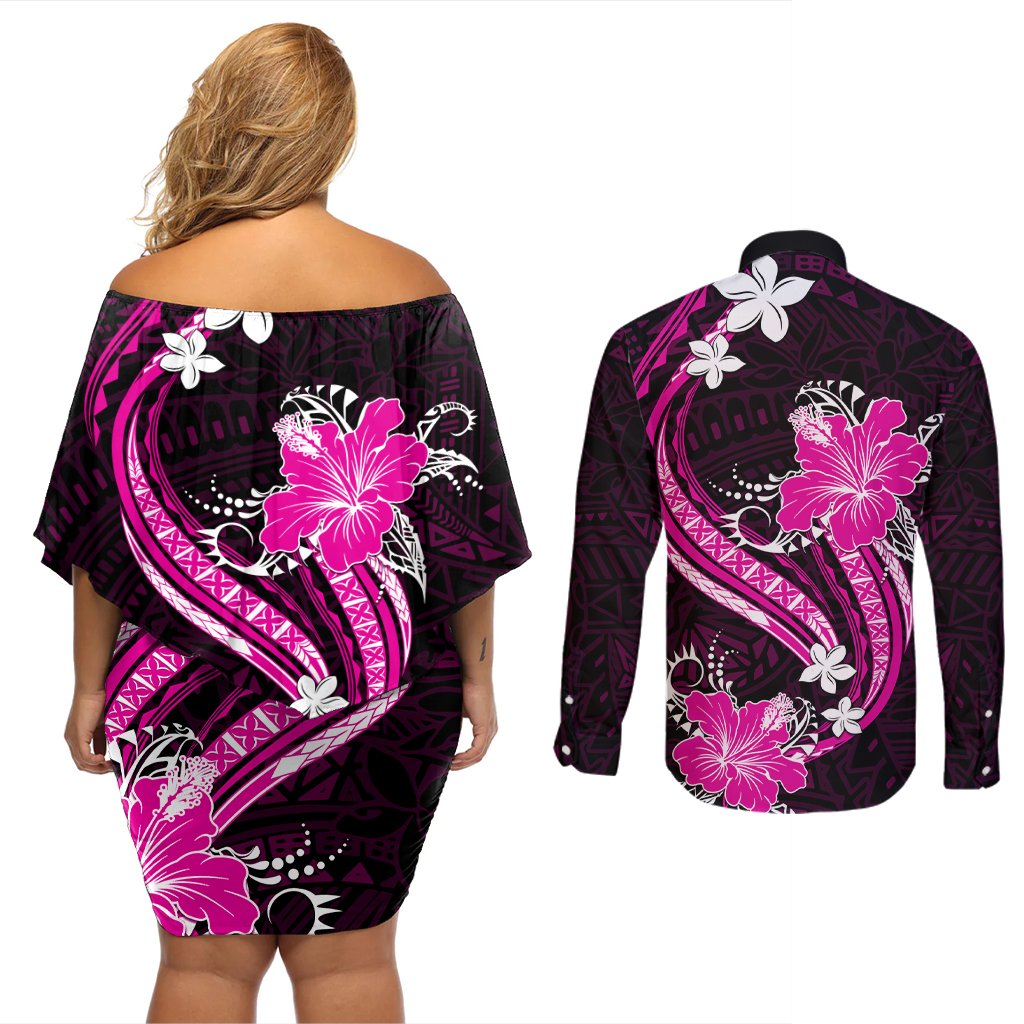 Pink Polynesian Pattern With Tropical Flowers Couples Matching Off Shoulder Short Dress and Long Sleeve Button Shirt LT05 - Polynesian Pride