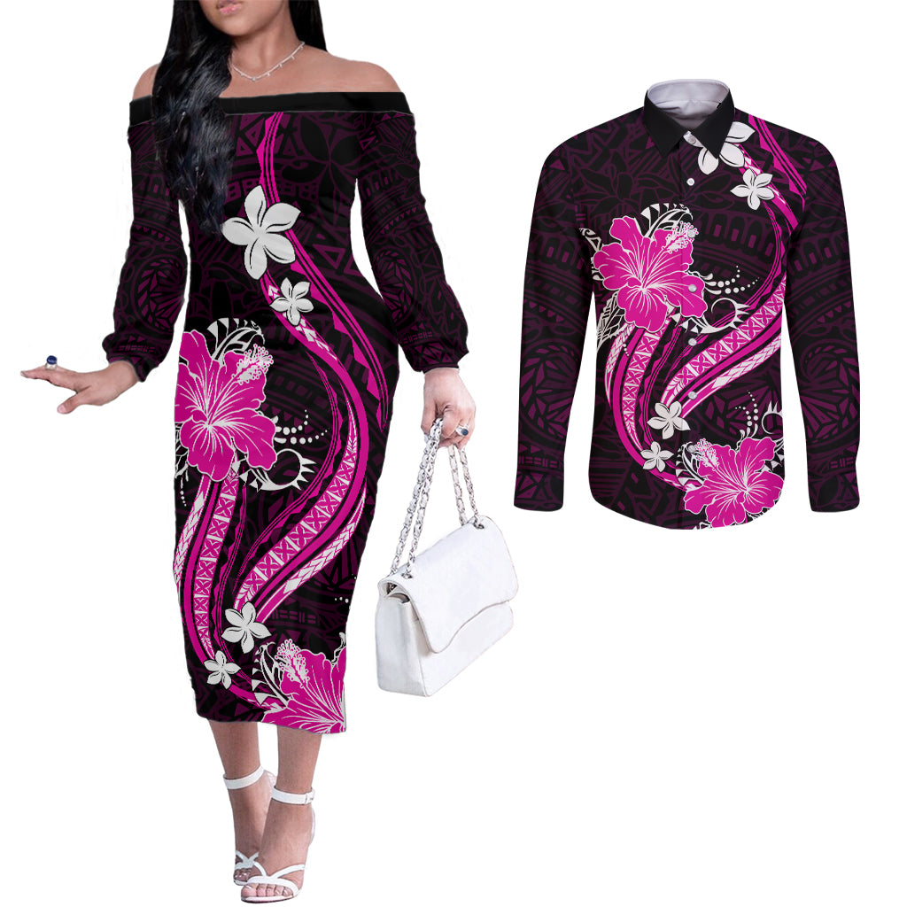 Pink Polynesian Pattern With Tropical Flowers Couples Matching Off The Shoulder Long Sleeve Dress and Long Sleeve Button Shirt LT05 Pink - Polynesian Pride