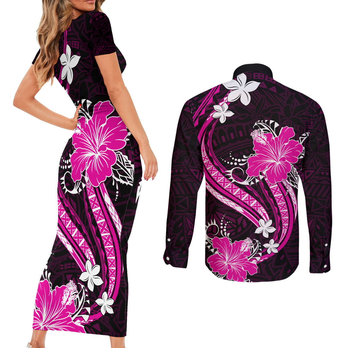 Pink Polynesian Pattern With Tropical Flowers Couples Matching Short Sleeve Bodycon Dress and Long Sleeve Button Shirt LT05 - Polynesian Pride